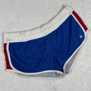 Hurley Women's M Athletic Mini Shorts Blue/Red/White Running Dolphin Hem Y2K